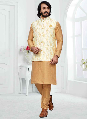 Off White Brocade Koti With Woven Art Silk Cream Kurta Set